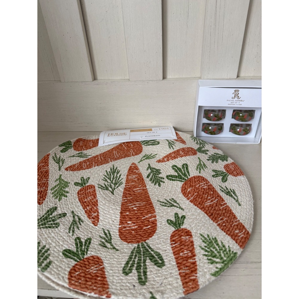 House & Garden Carrot Placemats & Rachel Ashwell Napkin Rings 8pc Easter Set